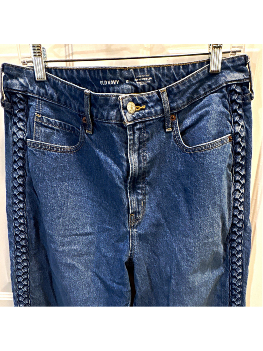 Old Navy Womens Extra High Rise Wide Leg Blue Medium Wash Braided Jeans 12